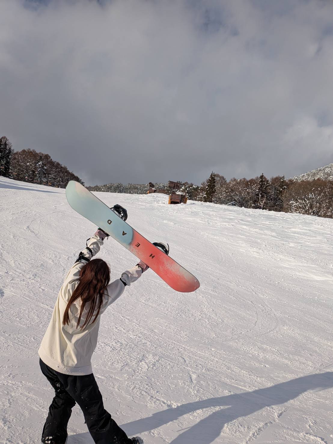 雪山でスノーボードを掲げる様子